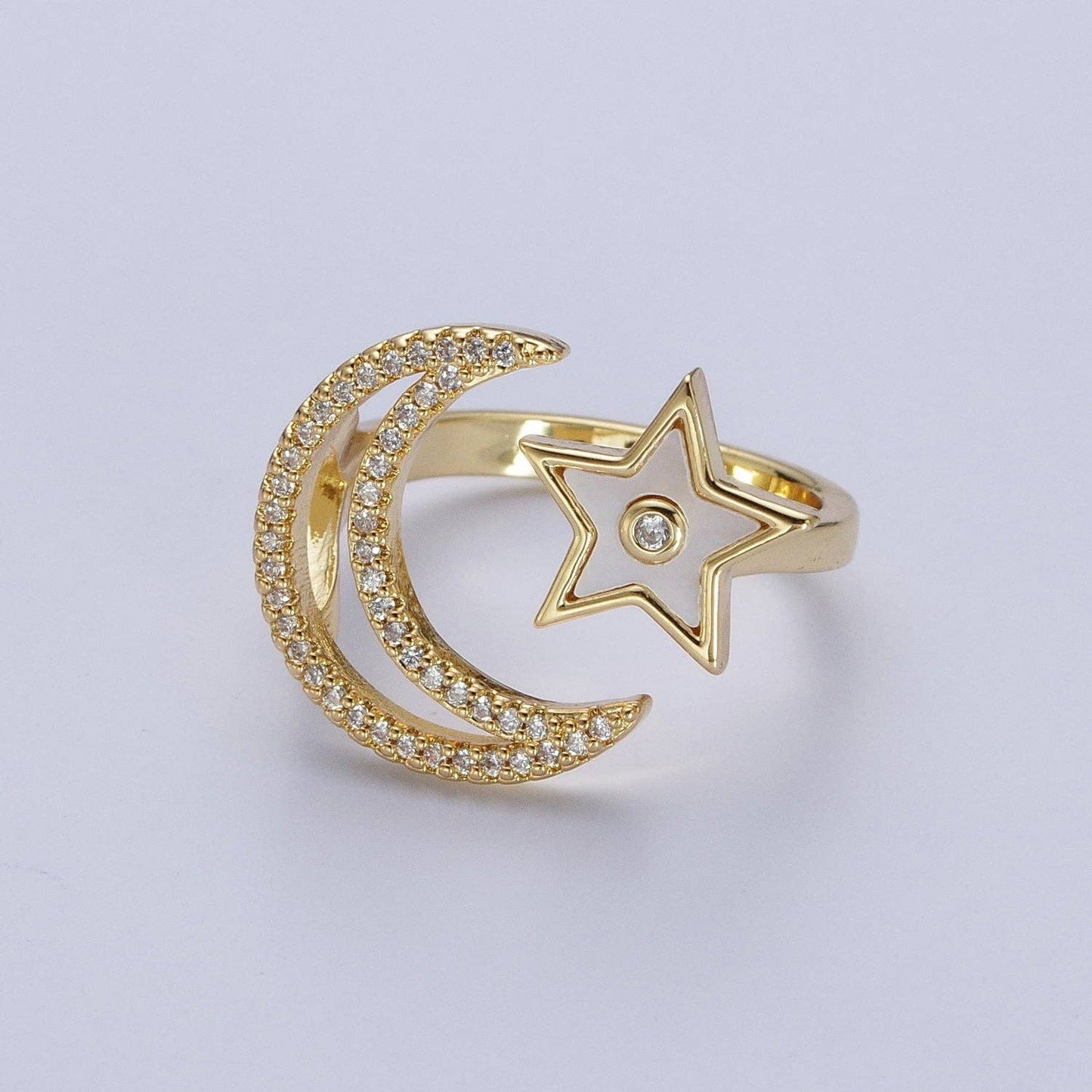 24K Gold Filled Celestial Open Ring, Crescent Moon & Shell Star Adjustable Ring