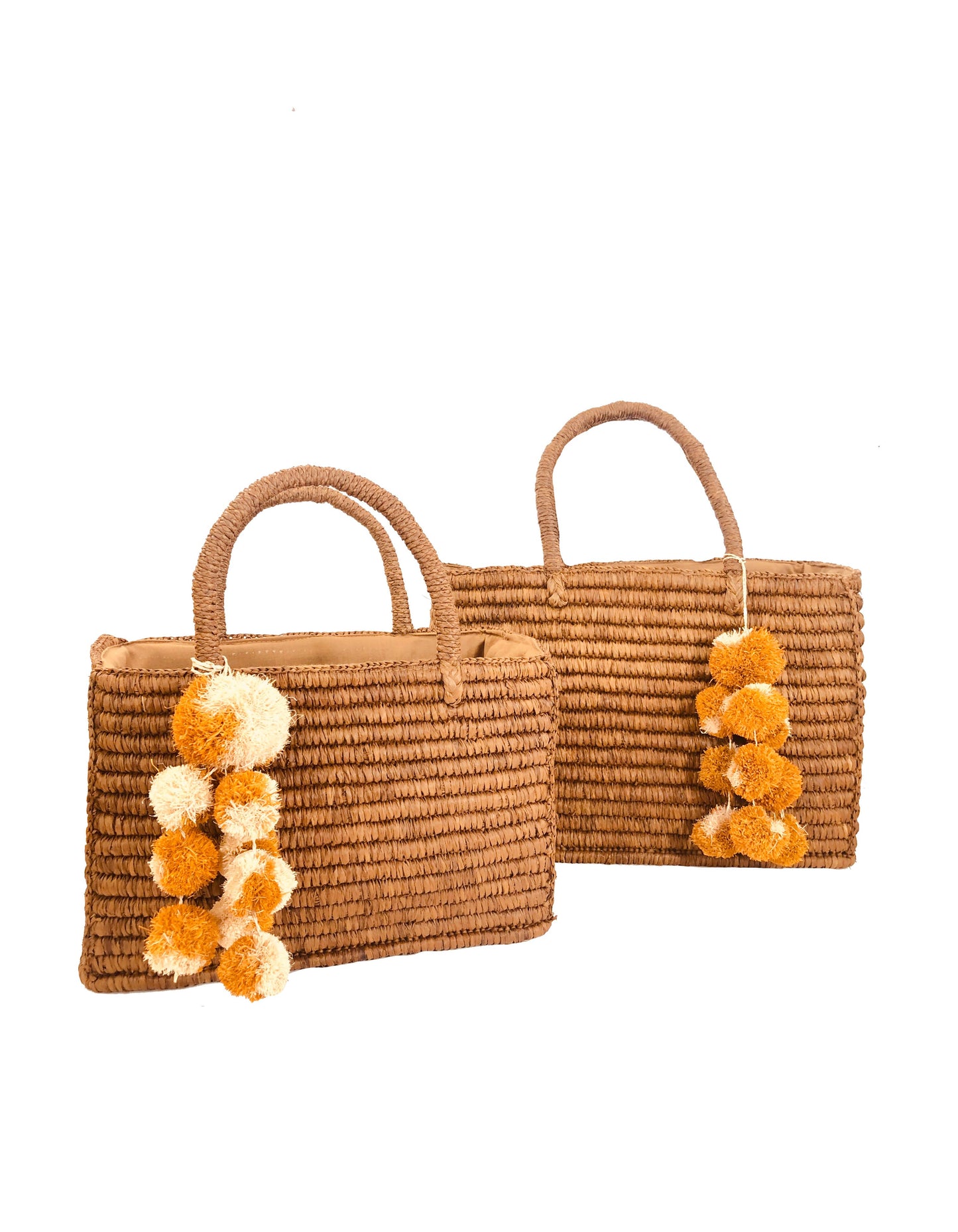 Venice Crochet Straw Basket with Waterfall PomPoms "Tabaco"