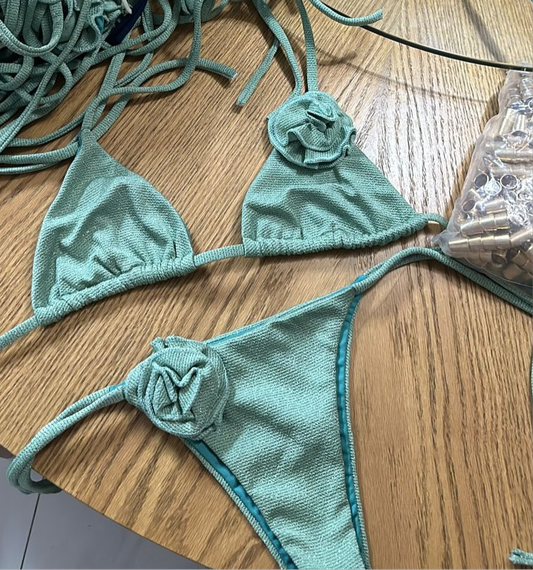 Cabana Bottom in Sea Green Lurex with Rose