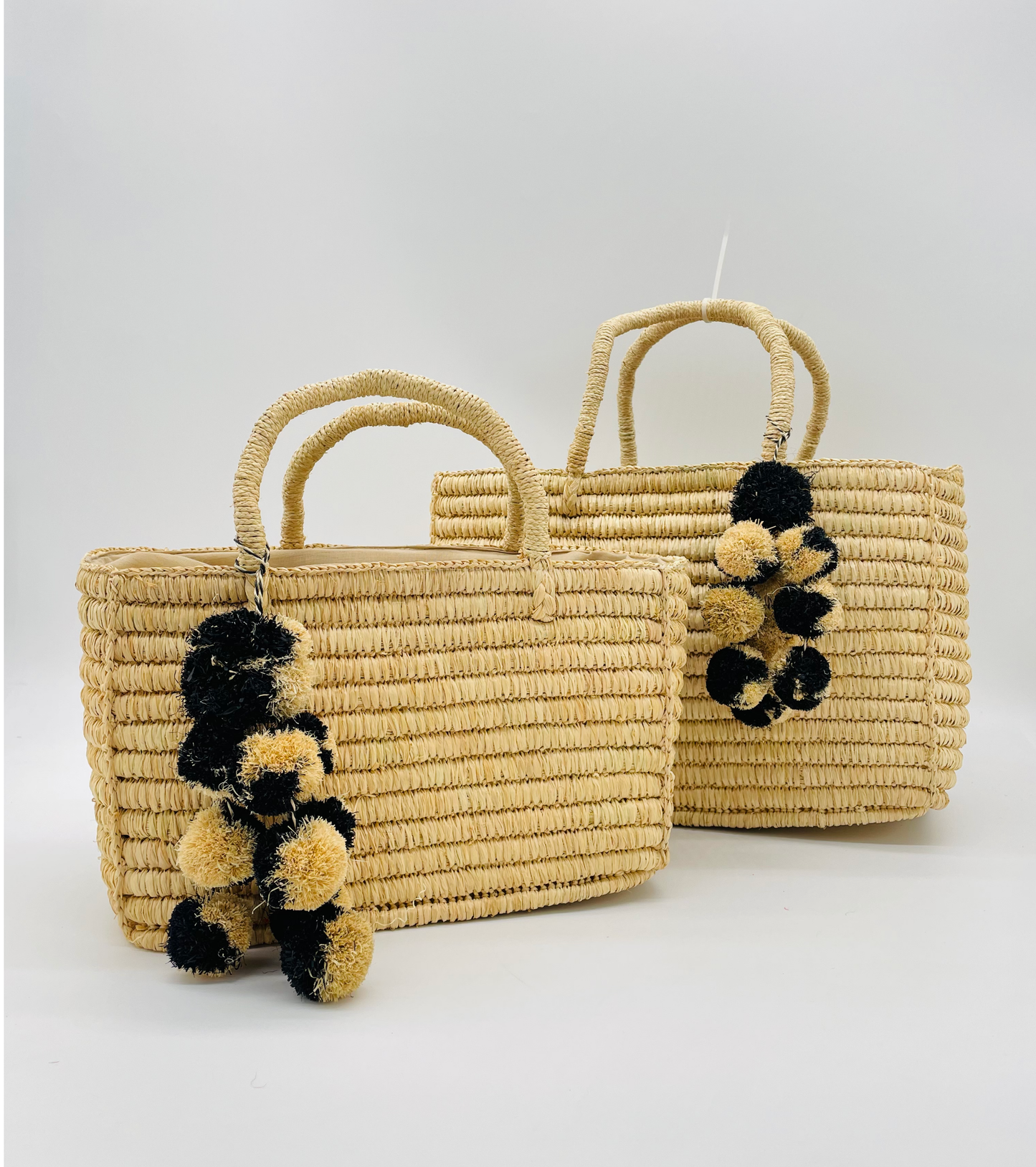 Venice Crochet Straw Basket with Waterfall PomPoms " Natural"