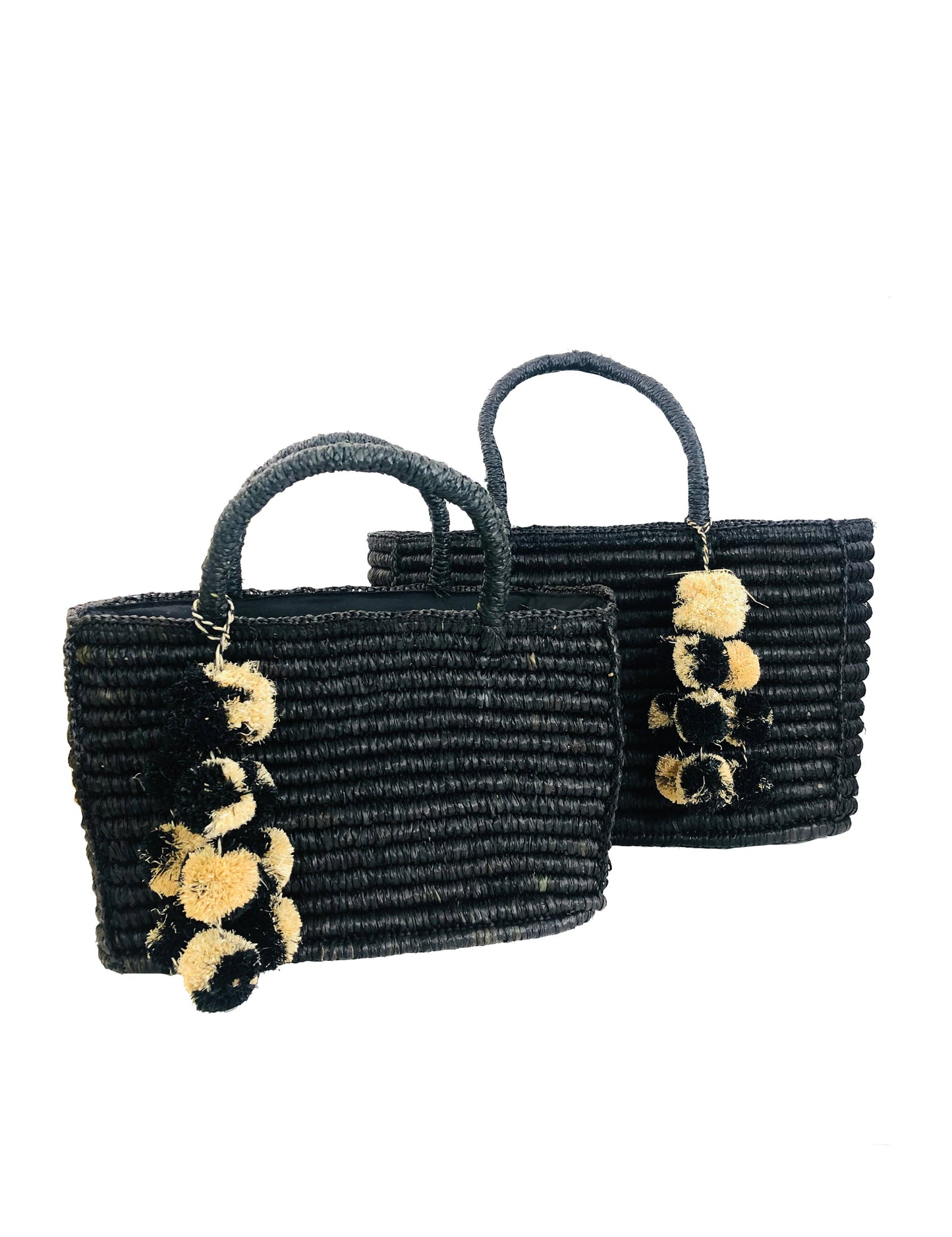 Venice Crochet Straw Basket with Waterfall PomPoms " Black"